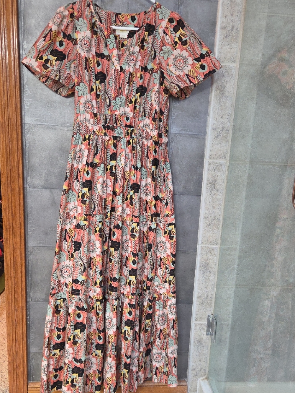 Anthropologie Maeve Coral, Black & Yellow Floral Tiered Maxi Dress M medium